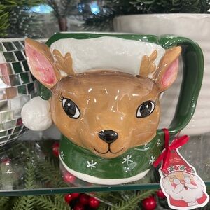 Blue Sky Clayworks Christmas Reindeer Head Santa Handpainted Ceramic Coffee NWT